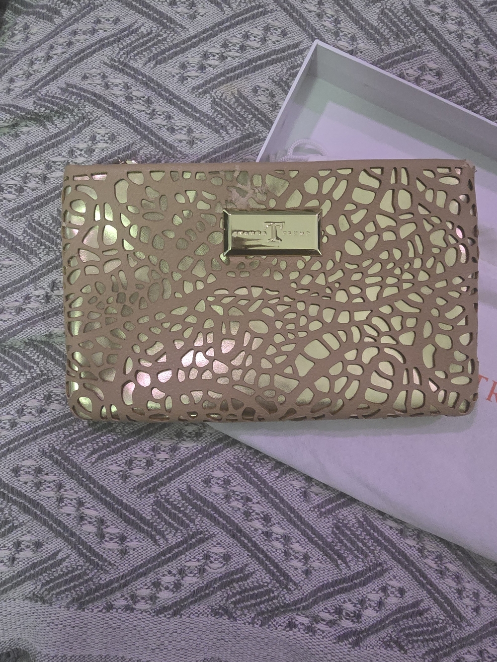 Ivanka Trump Gold Laser-Cut Wristlet Clutch with Nude Underlay